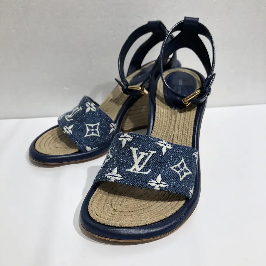 【ルイヴィトン】デニム ウエッジソール・サンダル 22cm LOUIS VUITTON - 美品☆ ルイヴィトン モノグラムデニム